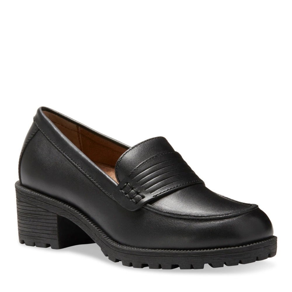 Eastland Womens 10 Newbury Black Leather Chunky Lug Sole Block Heel Penny Loafer